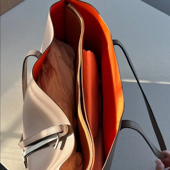Tory Burch Leather Tote Bag - Taupe with Orange Interior - Picture 4 of 4